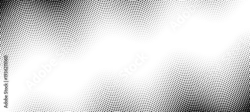 Gradient wave dot pattern background. Circular dot shapes create flowing abstract half tone texture. Vector black or white halftone dot background with dynamic wavy distortion, retro nostalgic overlay