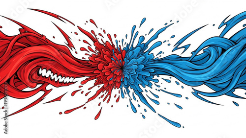 Dynamic illustration of opposing red and blue splashes colliding in a dramatic display of contrasting colors and abstract shapes