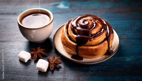 delicious cinnamon rolls drizzled with chocolate beside a cup of hot coffee