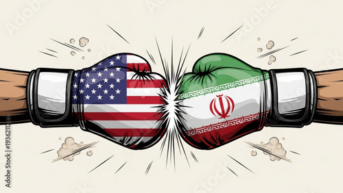 Fists clash between USA and Iran in a tense standoff illustration depicting global conflict and diplomatic tension