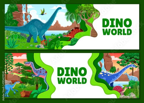 Paper cut banners with dinosaur characters at jungle landscape vector background. Cartoon cute prehistoric dinosaur and extinct reptile dino animals personages with 3d paper cut wavy borders
