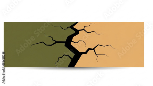Cracked earth illustration showcasing division and separation with contrasting colors and a bold crack, depicted in a vector graphic format from a direct viewpoint.