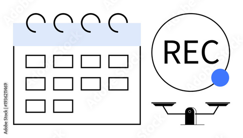 Time management, digital recording, decisions, planning, surveillance, balance. A calendar, recording button and scales. Time management and digital recording themed visual concept