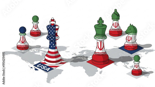 International Politics Illustrated with Chess Pieces on World Map, Symbolizing Global Strategy and Competition