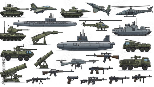 Military equipment and vehicles collection, including tanks, aircraft, ships, and artillery, displayed in a grid layout, showcasing various weaponry, 80.svg reference