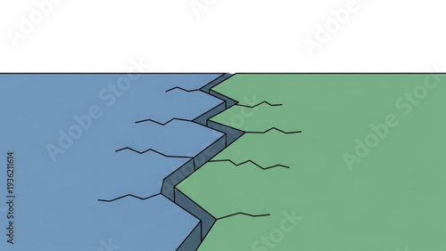 Earthquake crack separating land and water in a graphic illustration