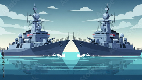Two warships facing each other in the ocean, with cloudy sky and calm waters, viewed from the side