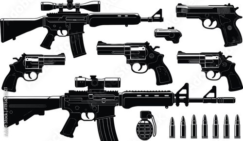 Black Silhouette Vector Collection of Tactical Weapons Including Assault Rifles with Scopes Revolvers Semi Automatic Handguns Fragmentation Grenade and Rows of Military Bullets