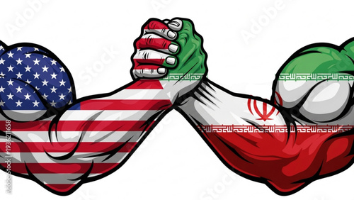 United States and Iran flags on fists symbolizing international conflict resolution through strength and diplomacy in a vector illustration