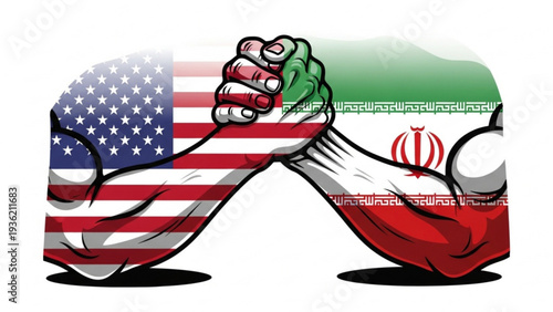 Two fists with USA and Iran flags clashing in a symbolic illustration of conflict and tension between nations, depicting a strong opposition.