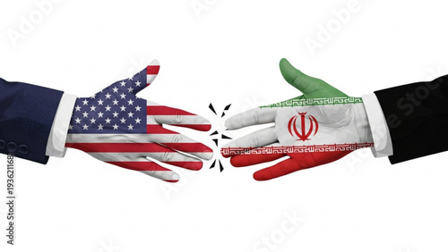 Two hands with American and Iranian flags clash in a tense diplomatic confrontation