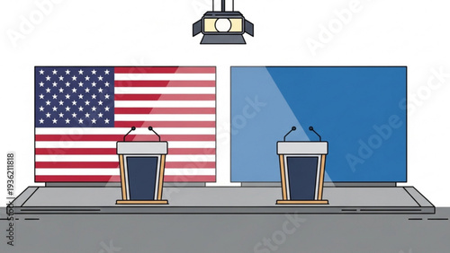 Two podiums with microphones on a stage with the USA flag and a screen during a presidential debate