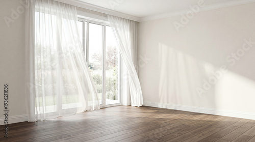 Modern minimal living room featuring wood floor with a large window elegant contemporary white room ,Color of the Year 2026 – Cloud Dancer ,copy space ,empty room.3Drender