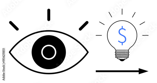 Creativity, innovation, financial planning, vision, business strategies, and opportunities. An eye symbol alongside a light bulb with a dollar sign. Creativity and innovation concept