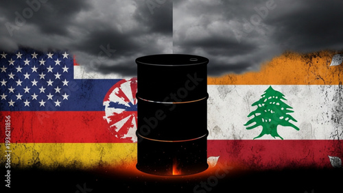 Oil barrel surrounded by flags of different countries under a dark cloudy sky