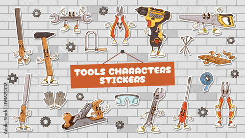 Repair or construction tools groovy characters vector stickers pack. Cute hammer, plane, funny saw, power drill, screwdriver, quirky pliers, wrench and cheerful file, protective gloves personages
