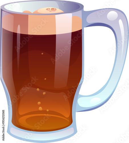 Cartoon beer tankard drink, alcohol beverage. Transparent glass beer tankard filled with dark amber liquid and a foamy head on top. Frothy mug of golden beer beverage with bubbles rising to the top