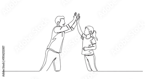 Minimalist continuous line drawing of two people high-fiving, symbolizing teamwork, achievement, and positive connection in a clean graphic style