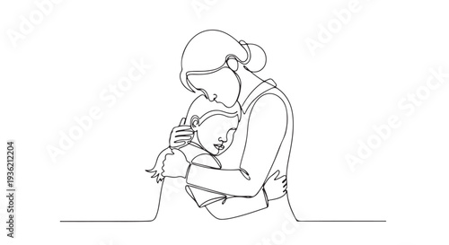 Minimalist continuous line art illustration of a loving mother embracing her child, symbolizing a tender family bond and emotional connection