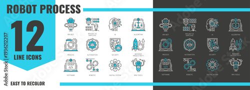 RPA icons of robot process automation and AI bot digital technology, vector line pictograms. RPA icons of artificial intelligence for automation process tasks and robotic employee software algorithms