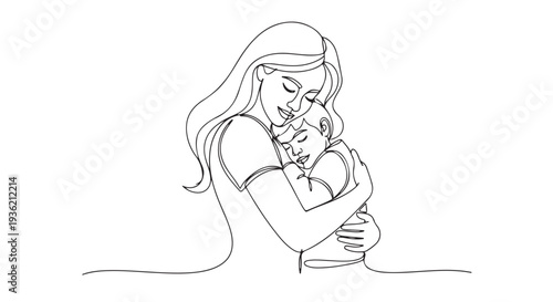 Beautiful continuous line art drawing of a loving mother tenderly embracing her newborn baby, symbolizing maternal bond, warmth, and family connection
