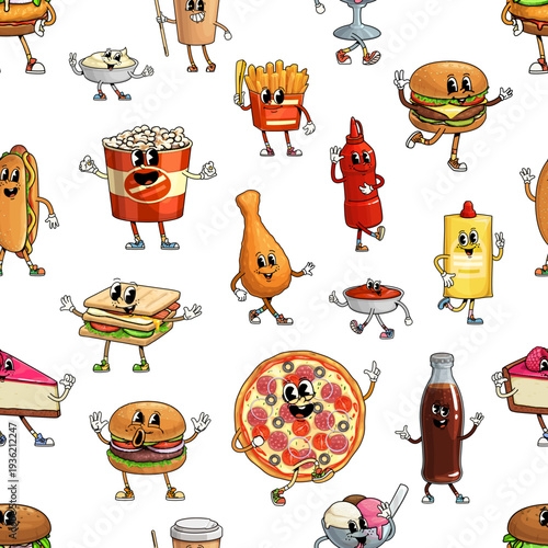Retro groovy fast food characters seamless pattern with funny snacks and burgers, cartoon vector background. Groovy fast food pattern with funky cheeseburger, freaky popcorn, pizza and potato fries