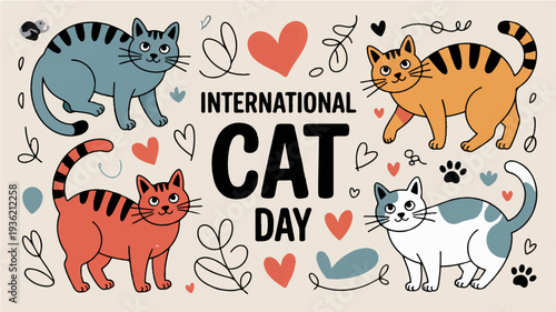 Four cats celebrate international cat day with hearts and leaves on a beige background