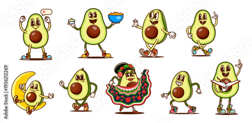 Cartoon groovy avocado characters in fun actions and costumes. Vector set of retro comic personages with nachos and salsa, dancing, reading, relaxing on the moon, wearing traditional Mexican dress