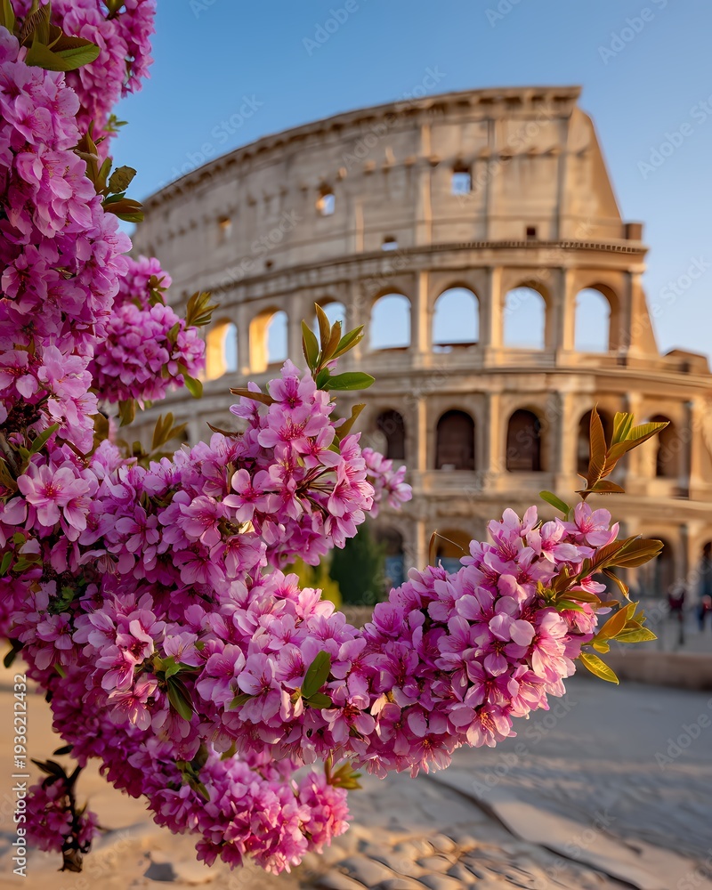 Obraz premium Pink Blossoms Framing the Iconic Colosseum in Early Morning Light