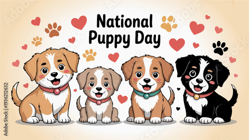 Four adorable puppies celebrate national puppy day with hearts and paw prints around them