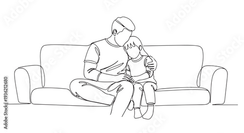 Father and daughter embrace warmly on a comfortable couch in a heartwarming line art illustration symbolizing family love and connection