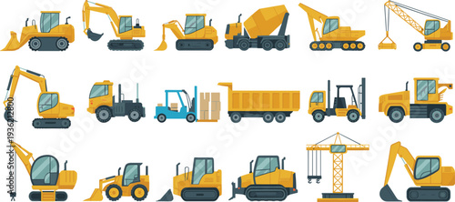 Construction machinery vector set featuring excavators, bulldozers, cranes, dump trucks, loaders and industrial heavy equipment collection