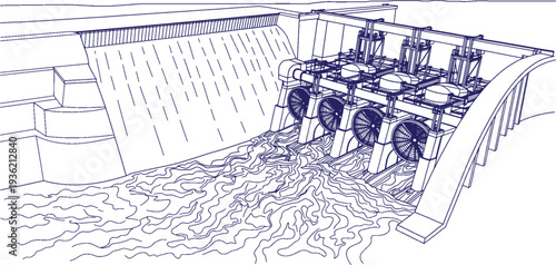 Hydroelectric Dam with Turbines Vector Illustration, Renewable Energy Power Plant Black Line Art, Hydropower Station Engineering Outline Drawing, Water Electricity Generation Industrial Infrastructure
