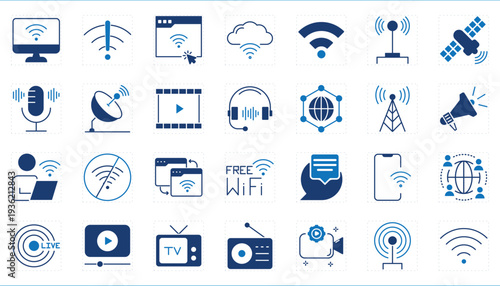 A set of icons related to Broadcasting. TV, radio, network, live, news, broadcast, stream, podcast, announce, and so on.