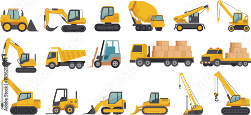 Construction vehicles vector set with excavators, cranes, dump trucks, loaders and heavy industrial machinery collection