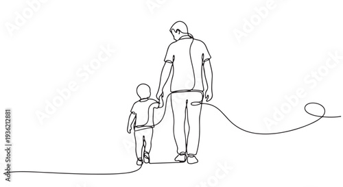 Minimalist continuous line art illustration depicting a parent and child walking hand in hand, symbolizing a tender bond, love, and shared life's journey with elegant simplicity