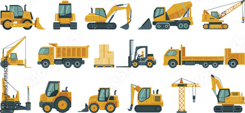 Heavy construction machinery vector collection with excavators, cranes, dump trucks, loaders and industrial building equipment set