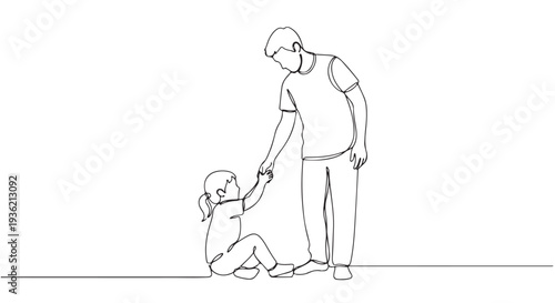 Continuous line drawing illustrating a supportive adult helping a child, symbolizing care, guidance, and assistance in moments of vulnerability