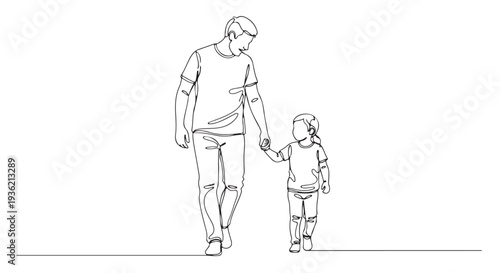 Happy father and daughter walking together holding hands in a simple line art illustration, symbolizing family bond and childhood joy