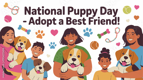 National puppy day family with diverse kids and adorable dogs adoption concept