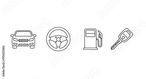 Flat Monoline Automotive Icon Set, 4 Objects Car Steering Wheel Fuel Pump Car Key Outline Stroke