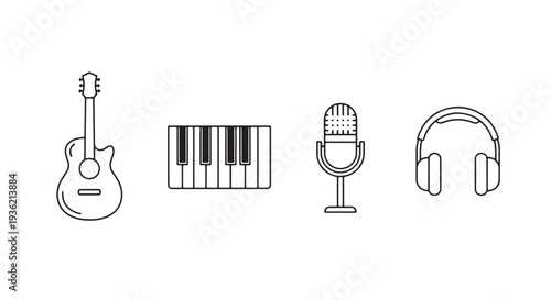 Minimal Monoline Music Icon Set, 4 Objects Guitar Piano Keyboard Microphone Headphones Outline Stroke