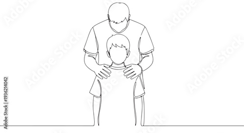 Continuous line art of a father figure placing hands on his child's shoulders, symbolizing support, guidance, and parental care