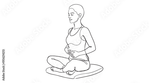 Line art illustration of a woman meditating with deep breathing, promoting calm and mindfulness for relaxation and inner peace