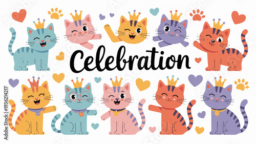 Colorful cartoon cats wearing crowns celebrate with hearts and confetti on white background