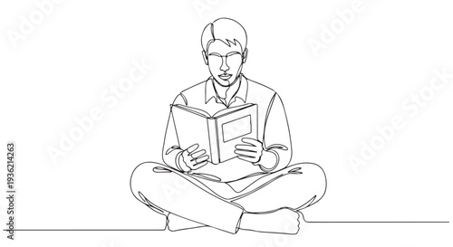 Continuous line drawing of a young man sitting cross-legged and engrossed in reading a book, symbolizing knowledge and education through diligent study