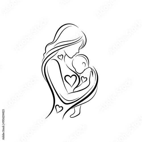 Mother breastfeeding baby vector illustration with hearts symbolizing love and nurturing