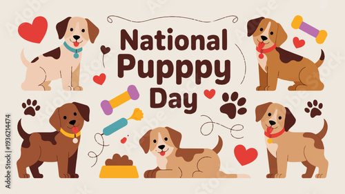 National puppy day celebration with adorable dogs and pet accessories on a beige background