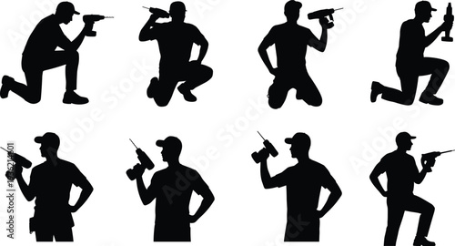 Silhouette set of construction workers holding power drills, handyman technician collection in different poses, black vector illustration isolated on white background