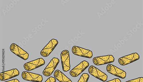 Spring Roll background Pattern. Asian Lumpia Repeating Motif. Hand Drawn Outline Illustration. Monochrome And Color Variations. Street Food Textile Packaging Design.